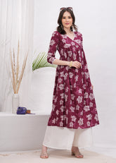 Flared Alia Cut Maroon Color Cotton Kurta with White Divider Kurta Set